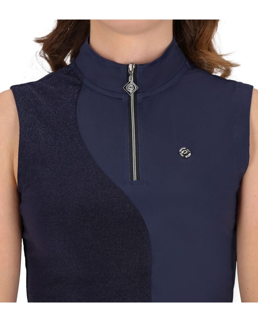 Navy sleeveless top with a zipper and logo on a white background equestrian fashion outfitters