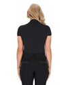 Person wearing a black training short sleeve shirt and breeches with a belt on a white background equestrian fashion outfitters