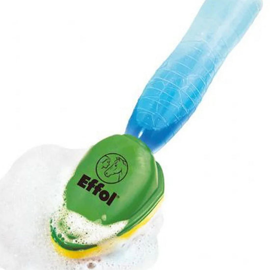 Pet grooming brush with blue handle and green head on a white background