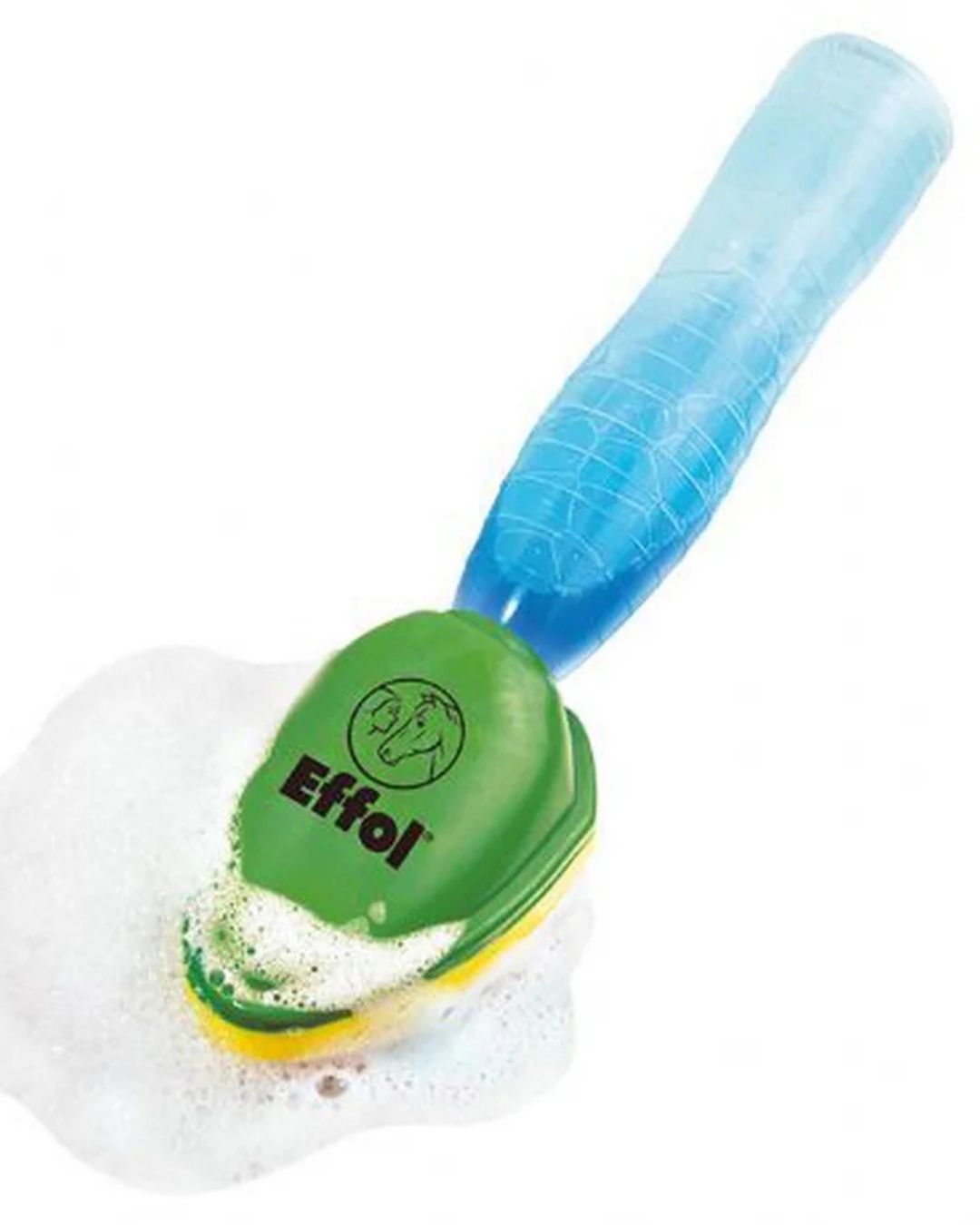 Pet grooming brush with blue handle and green head on a white background