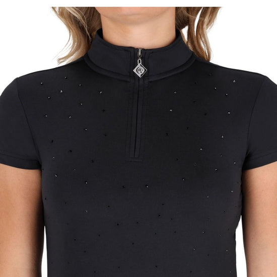 Black short-sleeve top with decorative elements on a white background equestrian fashion outfitters