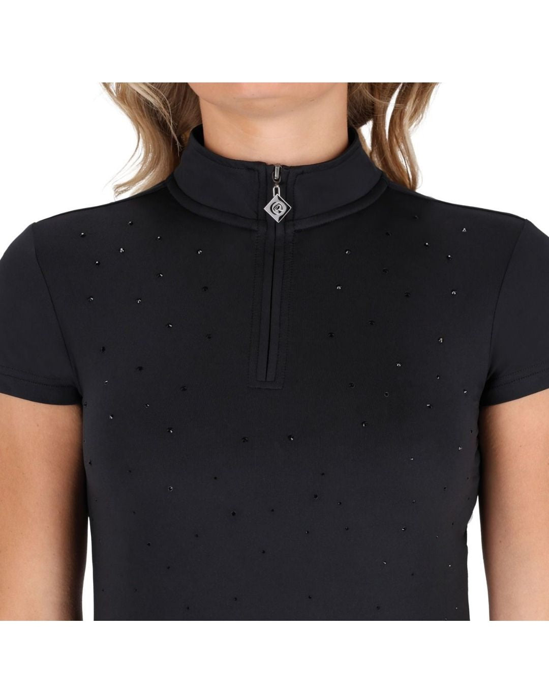 Black short-sleeve top with decorative elements on a white background equestrian fashion outfitters