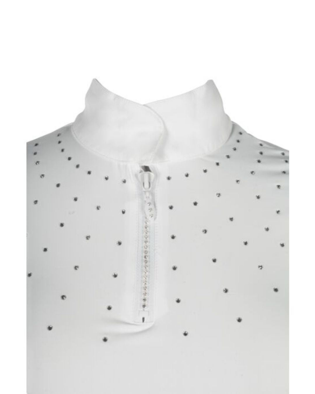 White shirt with sparkles  and a zipper on a white background Equestrian fashion outfitters