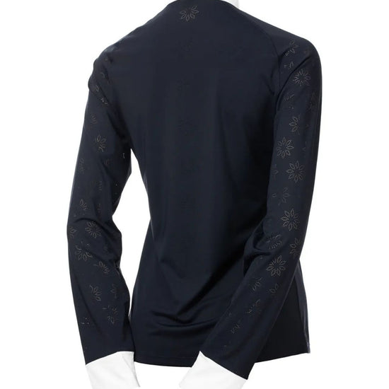 Navy blue long-sleeve shirt with lace detailing on a white background equestrian fashion outfitters