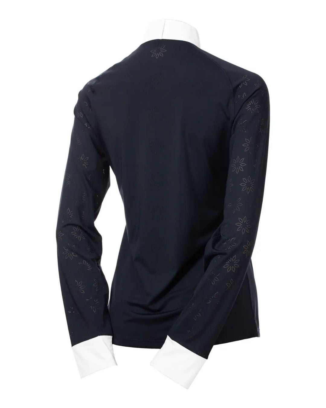 Navy blue long-sleeve shirt with lace detailing on a white background equestrian fashion outfitters