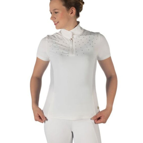 Woman wearing a white equestrian shirt with short sleeves on a white background Equestrian fashion outfitters