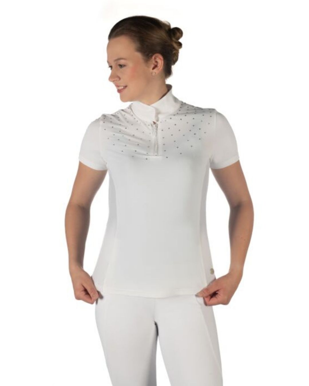 Woman wearing a white equestrian shirt with short sleeves on a white background Equestrian fashion outfitters