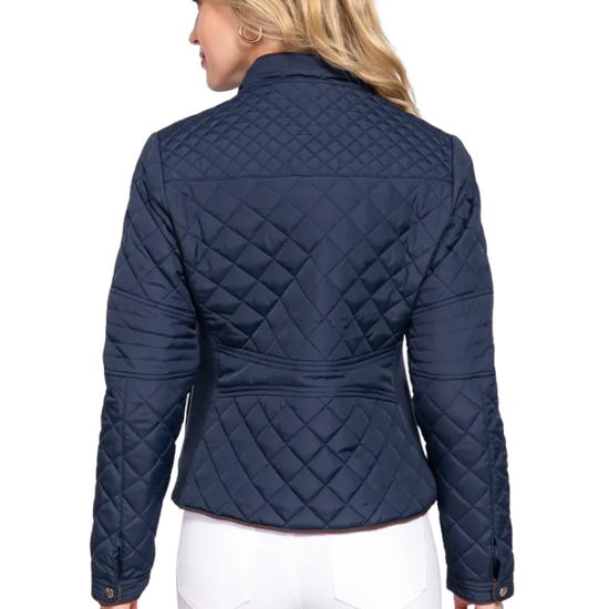 navy blue quilted jacket with padding at elbows and arms. equestrian fashion outfitters