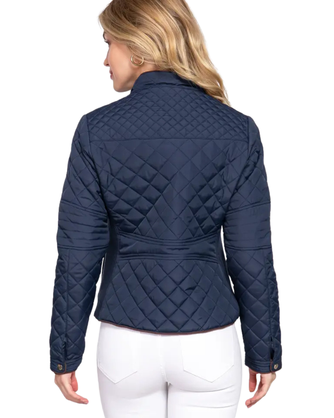 navy blue quilted jacket with padding at elbows and arms. equestrian fashion outfitters
