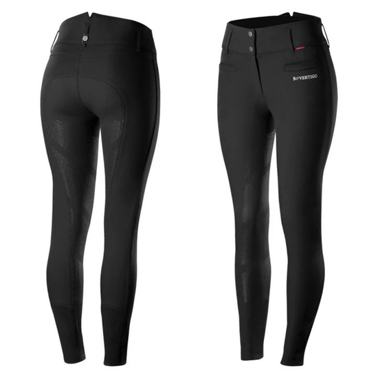 Black equestrian riding breeches shown from the back and front on a white background, featuring a zippered back and buttoned front waist with a small white brand logo on the right hip. equestrian fashion outfitters