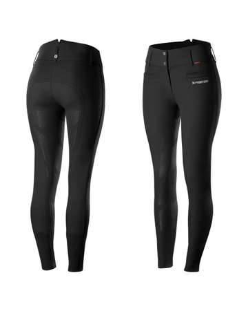 Black equestrian riding breeches shown from the back and front on a white background, featuring a zippered back and buttoned front waist with a small white brand logo on the right hip. equestrian fashion outfitters