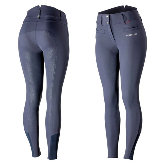 Navy equestrian riding breeches shown from the back and front on a white background, featuring a zippered back and buttoned front waist with a small white brand logo on the right hip. equestrian fashion outfitters
