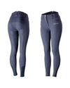 Navy equestrian riding breeches shown from the back and front on a white background, featuring a zippered back and buttoned front waist with a small white brand logo on the right hip. equestrian fashion outfitters