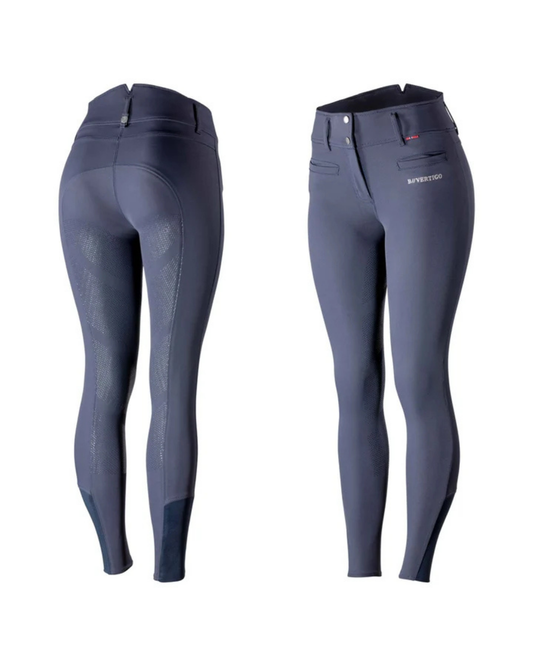 Navy equestrian riding breeches shown from the back and front on a white background, featuring a zippered back and buttoned front waist with a small white brand logo on the right hip. equestrian fashion outfitters