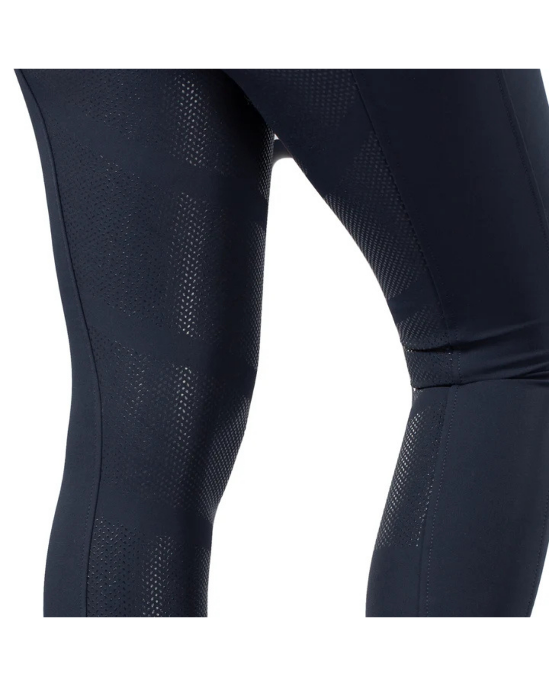 Close-up of dark navy breeches with a silicone  pattern on a white background. equestrian fashion outfitters