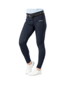 A person wearing navy fitted riding breeches with a black belt and white sneakers, shown from the waist down on a plain white background. A small white logo is visible on the upper right thigh. equestrian fashion outfitters