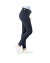 A person shown from the waist down wearing fitted navy breeches with a black belt, paired with white sneakers, on a plain white background. equestrian fashion outfitters
