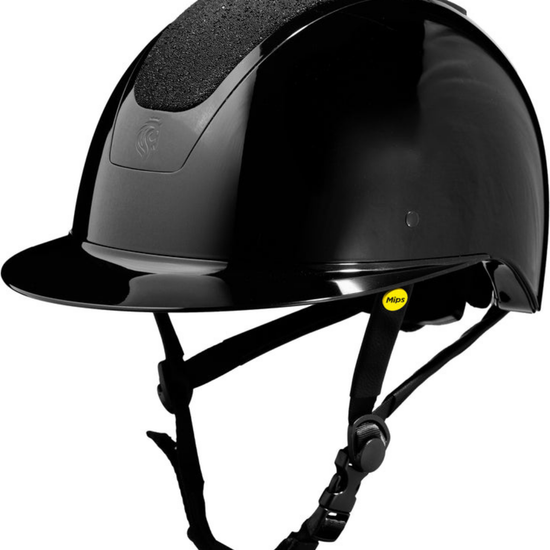 A glossy black equestrian riding helmet with a textured diamond black top panel, black chin straps, and a small yellow Mipps logo on the side, shown against a plain white background. equestrian fashion outfitters