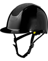 A glossy black equestrian riding helmet with a textured diamond black top panel, black chin straps, and a small yellow Mipps logo on the side, shown against a plain white background. equestrian fashion outfitters