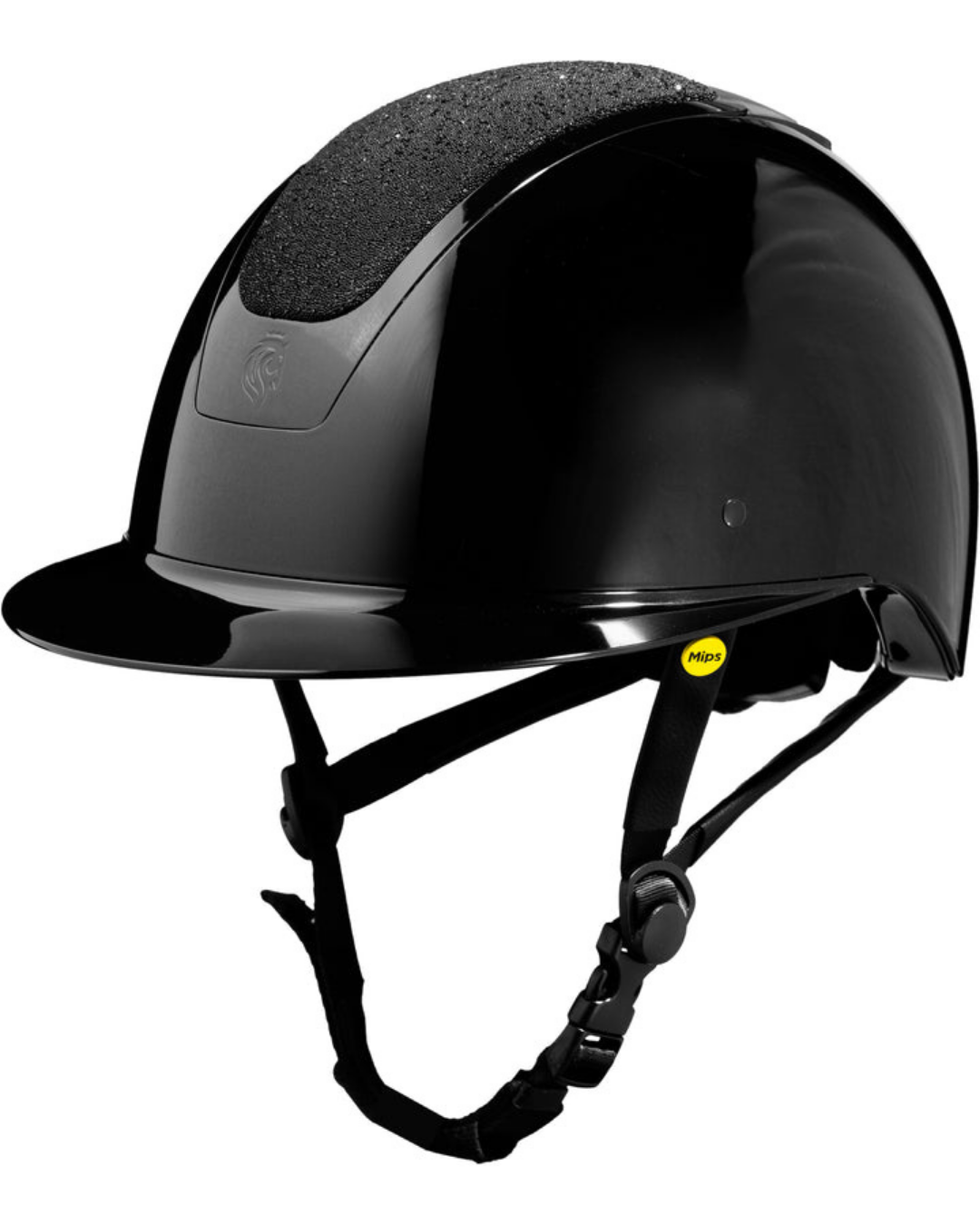 A glossy black equestrian riding helmet with a textured diamond black top panel, black chin straps, and a small yellow Mipps logo on the side, shown against a plain white background. equestrian fashion outfitters