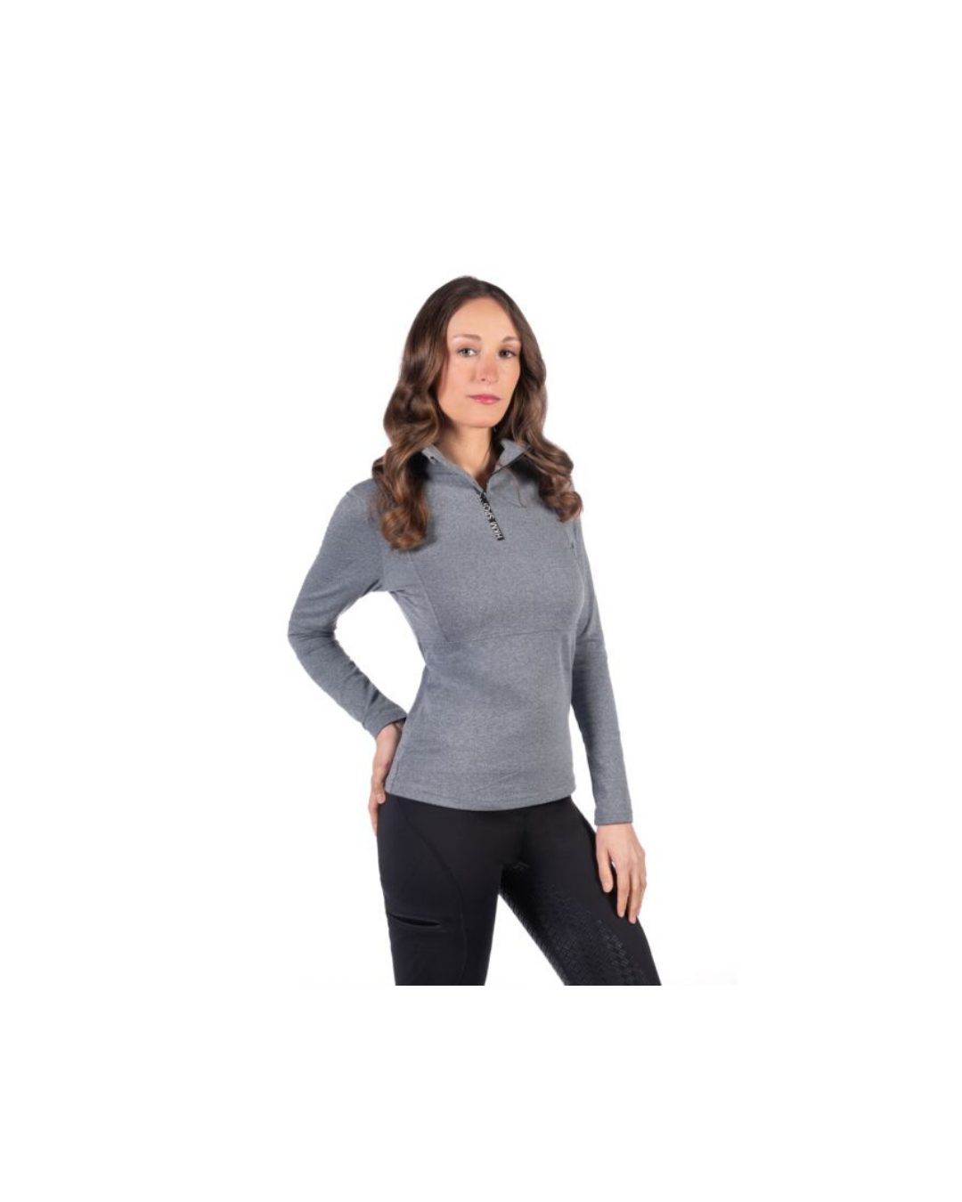girl wearing blue mottled 1/4 zip long sleeve shirt with black riding tights equestrian fashion outfitters