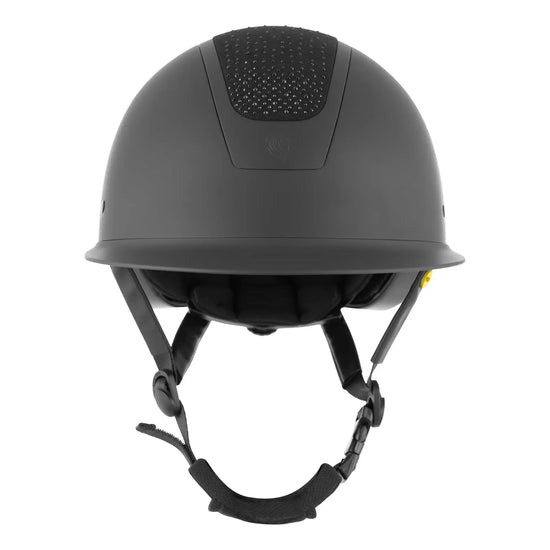 Black riding helmet with black glitter or shimmer and a chin strap  on a white background 