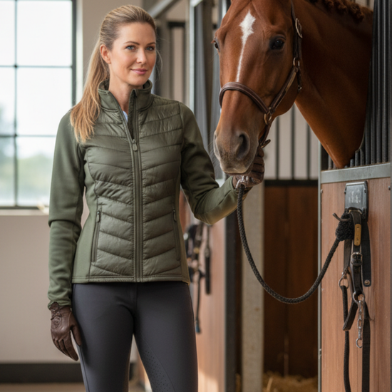 Woman in green jacket standing next to a horse in a stable