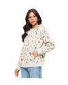 A woman modeling a cream-colored zip-up hoodie with chicken and flowers equestrian fashion outfitters