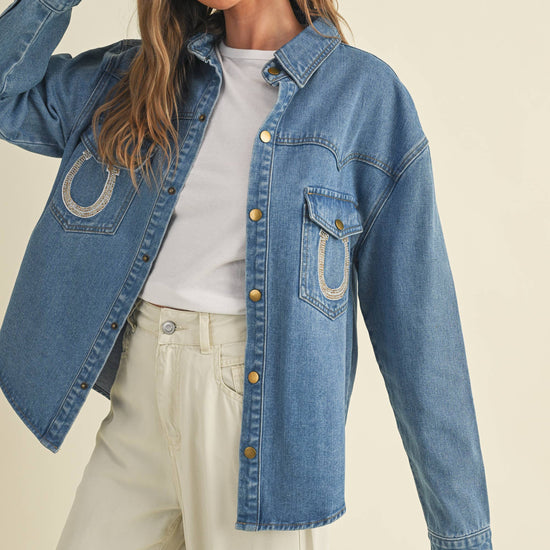 Rhinestone Horseshoe Denim Top  Cloud Ten - Equestrian Fashion Outfitters