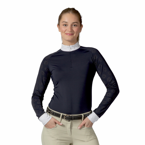Woman wearing a navy long-sleeve shirt with a white collar on a white background equestrian fashion outfitters