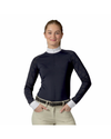 Woman wearing a navy long-sleeve shirt with a white collar on a white background equestrian fashion outfitters