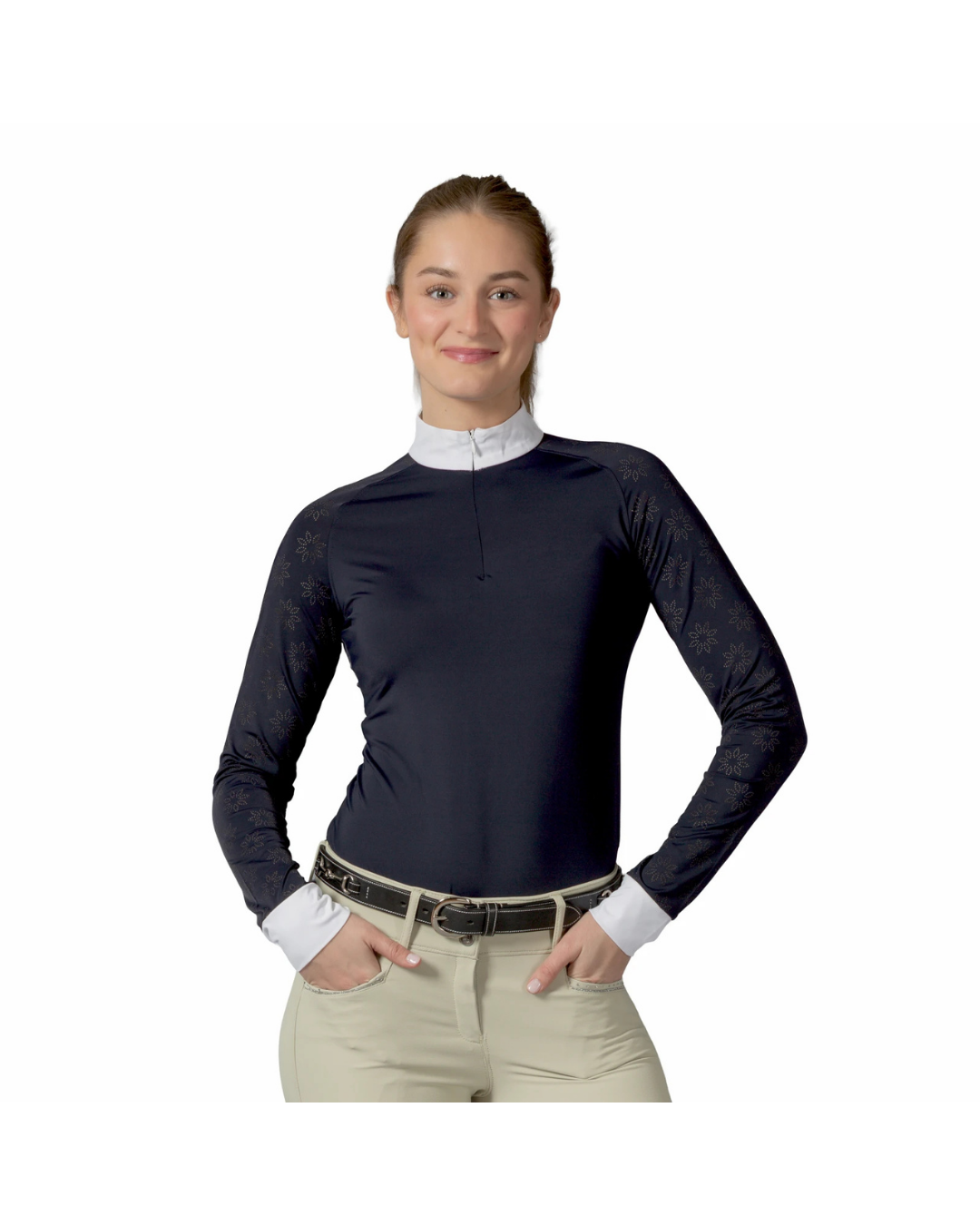 Woman wearing a navy long-sleeve shirt with a white collar on a white background equestrian fashion outfitters
