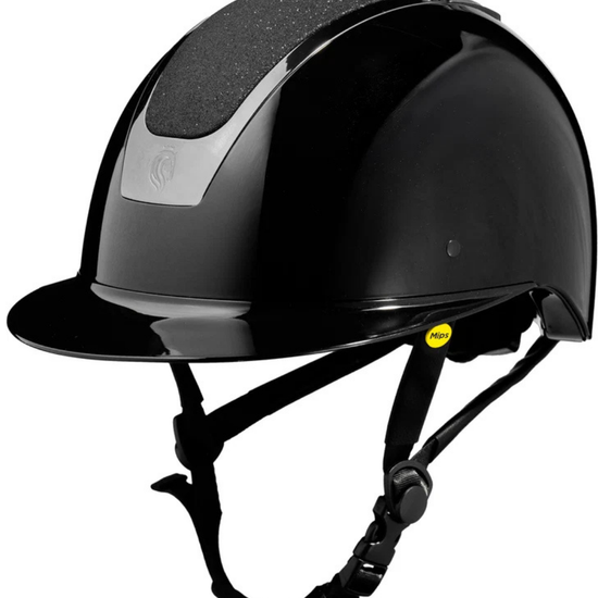 glossy shiny black helmet with black sparkle shimmer top panel with black straps and yellow mips logo equestrian fashion outfitters