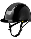 glossy shiny black helmet with black sparkle shimmer top panel with black straps and yellow mips logo equestrian fashion outfitters