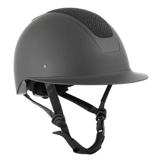 Black riding helmet with black shimmer or glitter chin strap on a white background