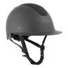 Black riding helmet with black shimmer or glitter chin strap on a white background