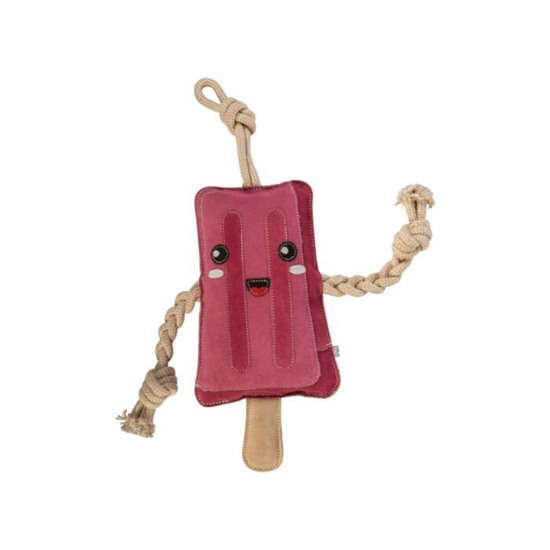 Pink popsicle-shaped toy with a face and rope handle on a white background equestrian fashion outfitters
