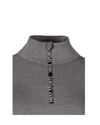 A close-up of a dark gray heathered athletic top featuring a mock neck collar and a vertical black zipper pull with white text reading 'HKM SPORTS HKM SPORT'. equestrian fashion outfitters