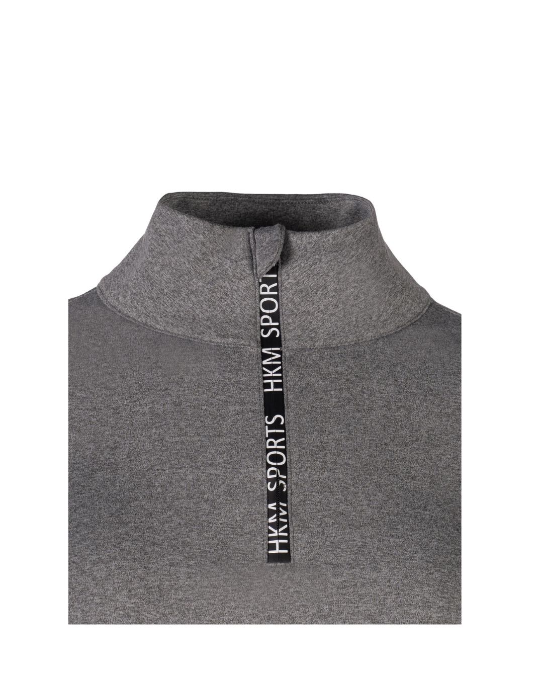 A close-up of a dark gray heathered athletic top featuring a mock neck collar and a vertical black zipper pull with white text reading 'HKM SPORTS HKM SPORT'. equestrian fashion outfitters