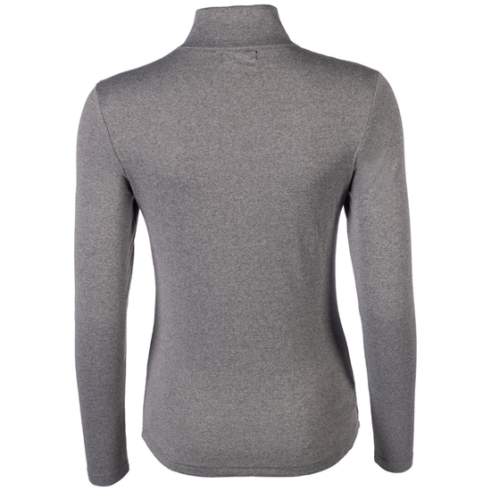 A long-sleeve gray mock neck sweater shown from the back on a white background. equestrian fashion outfitters