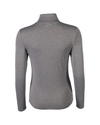 A long-sleeve gray mock neck sweater shown from the back on a white background. equestrian fashion outfitters