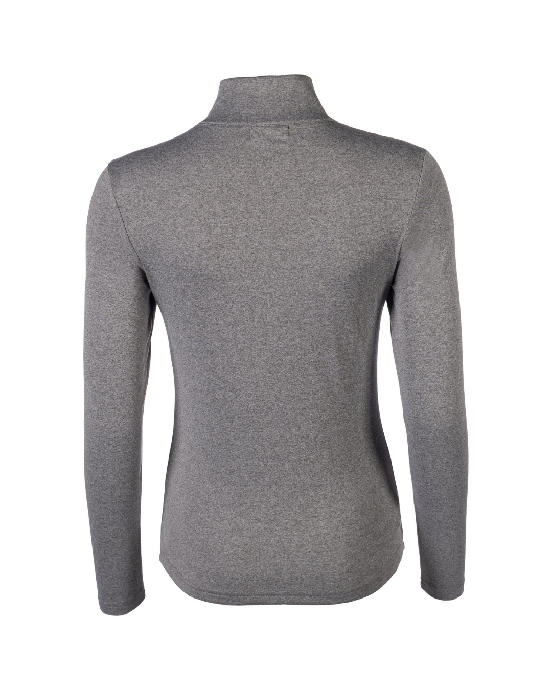 A long-sleeve gray mock neck sweater shown from the back on a white background. equestrian fashion outfitters