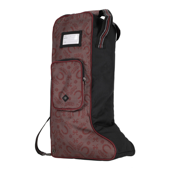 A tall, narrow equestrian boot bag with a dark red paisley patterned  with horseshoes front and a black side panel, featuring a front zippered pocket and a small rectangular label patch.equestrian fashion outfitters