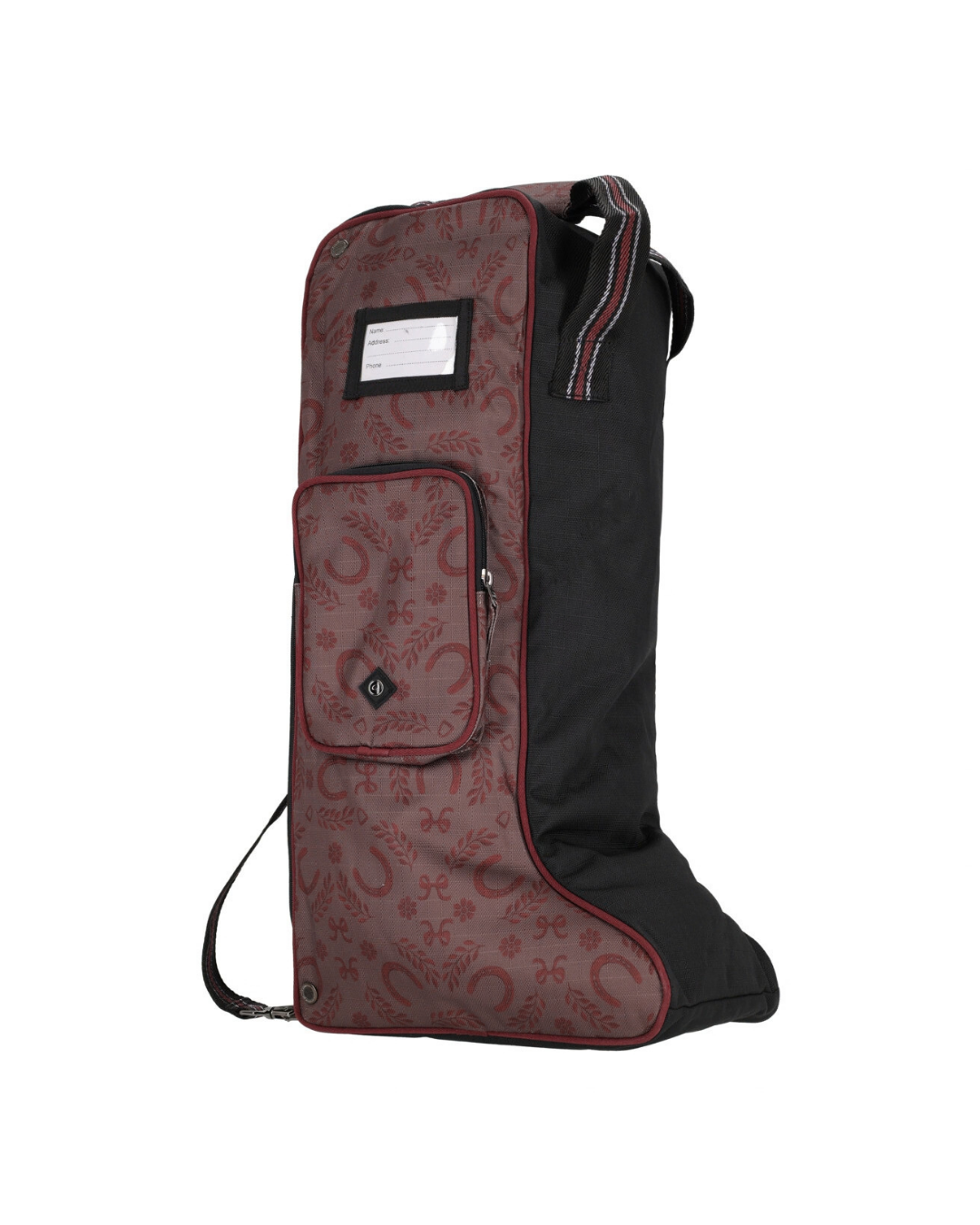 A tall, narrow equestrian boot bag with a dark red paisley patterned  with horseshoes front and a black side panel, featuring a front zippered pocket and a small rectangular label patch.equestrian fashion outfitters