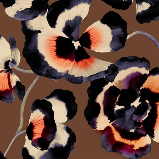 A close-up of a floral pattern featuring large pansy flowers in cream, black, and orange-red on a warm brown background.equestrian fashion outfitters