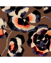 A close-up of a floral pattern featuring large pansy flowers in cream, black, and orange-red on a warm brown background.equestrian fashion outfitters