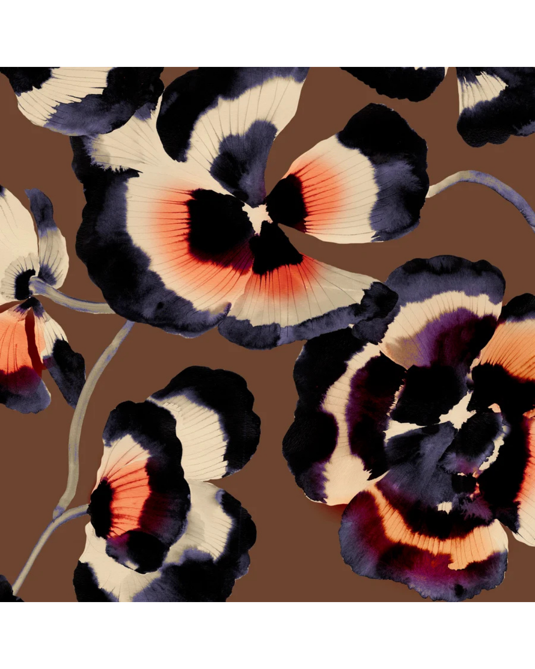 A close-up of a floral pattern featuring large pansy flowers in cream, black, and orange-red on a warm brown background.equestrian fashion outfitters