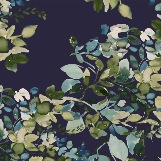 Watercolor botanical pattern featuring green, blue, and cream leaves on a dark navy background equestrian fashion ourfitters