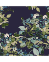 Watercolor botanical pattern featuring green, blue, and cream leaves on a dark navy background equestrian fashion ourfitters