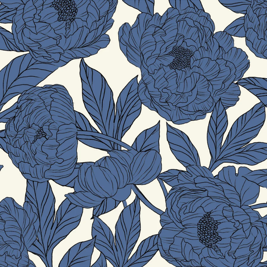 A repeating floral pattern featuring large blue peony-like  wild rose flowers wil rose and leaves on an off-white background. equestrian fashion outfitters